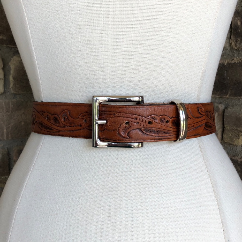Vintage Belt Tooled Leather Western Brown USA